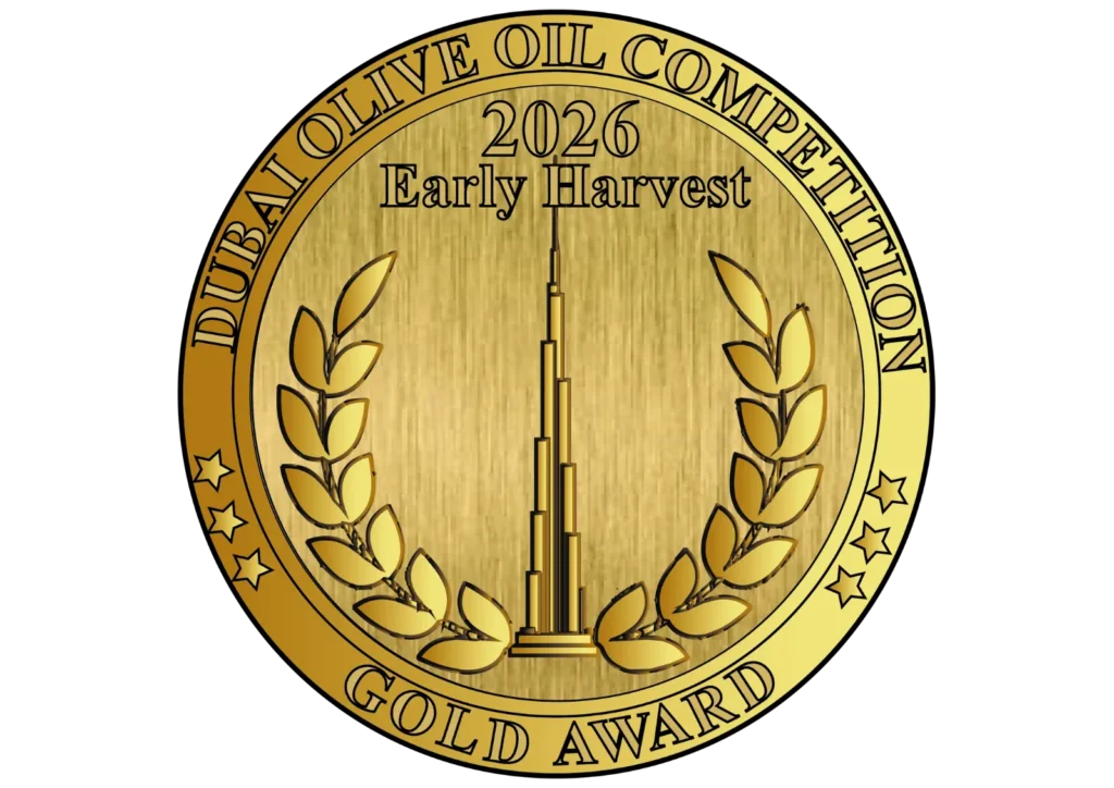 Sello oficial Gold Award 2026 Early Harvest de la Dubai Olive Oil Competition, que certifica la excelencia del aceite de oliva virgen extra.